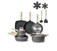 VEVOR Juego de Ollas y Sartenes de 19 Piezas, Antiadherentes de Granito, para Inducción, Apto para Cocina de Autocaravanas, con Tapas de Vidrio Templado y Protectores, Apto para Estufa, Color Negro