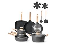 VEVOR Juego de Ollas y Sartenes de 19 Piezas, Antiadherentes de Granito, para Inducción, Apto para Cocina de Autocaravanas, con Tapas de Vidrio Templado y Protectores, Apto para Estufa, Color Negro