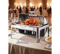 VEVOR Juego de Calentador de Alimentos de Acero Inoxidable con 2 Cacerolas de Tamaño Medio(3,9 L), Rectangular, Tapa Visible y Soporte para Bandeja de Agua y Depósito de Combustible, Plata, 1 ud