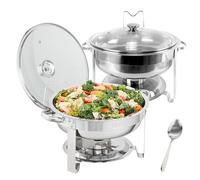 VEVOR Juego de Platos de Cocina Paquete de 2 Unidades 3,5 L Cada Uno Charola de Acero Inoxidable con 2 Sartenes de Tamaño Completo Servidor Redondo de Calentador de Catering con Tapa de Vidrio