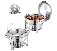 VEVOR Calentador de Alimentos para Bufé con 2 Recipientes de Tamaño Completo(4,7 L Cada Uno), Redondo, para Catering con Tapa, Soporte para Combustible y Bandeja Agua, para Bodas y Fiestas, Plata