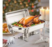 VEVOR Calentador de Alimentos para Bufé(7,5 L), con 2 Sartenes de Tamaño Completo, Dispensador de Calor Rectangular para Catering con Tapa y Soporte para Combustible, para Bodas, Plata, 2 uds