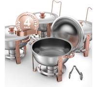 VEVOR Calentador de Alimentos para Bufé con 4 Recipientes de Tamaño Completo(4,7 L Cada Uno), Redondo, para Catering con Tapa, Bandeja de Agua y Soporte Plegable, para Bodas y Fiestas, Oro Rosa