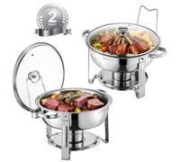 VEVOR Calentador de Alimentos con 2 Recipientes de Tamaño Completo(4,7 L Cada Uno), Redondo, para Catering con Tapa de Vidrio y Bandeja de Agua y Soporte Plegable, para Fiestas de Bufé, Plata