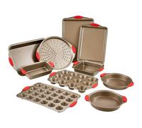 VEVOR Juego de Sartenes para Hornear, 10 Piezas, Bandejas y Hojas de Acero al Carbono Antiadherentes, Utensilios de Cocina Apilables para Horno con Asas de Silicona, Fáciles de Limpiar, Dorado