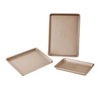 VEVOR Juego de Sartenes para Hornear, 3 Piezas, Bandejas y Hojas Acero al Carbono Antiadherentes, Utensilios de Cocina Apilables para Horno con Asas de Silicona, para Hornear Muffins, Dorado