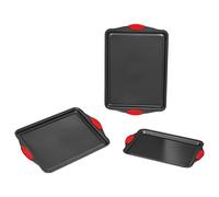 VEVOR Juego de Sartenes para Hornear, 3 Piezas, Bandejas y Hojas de Acero al Carbono Antiadherentes, Utensilios de Cocina Apilables para Horno con Asas de Silicona, para Hornear Galletas, Negro