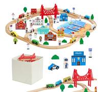 VEVOR Juego de Tren de Madera con Pistas, 113 Piezas con Accesorios, Edificios Urbanos Juego de Pesca, Set Educativo, Diseños Múltiples, Juguete Compatible con Marcas Principales para Niños 3 a 8 Años