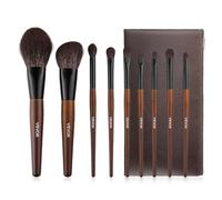 VEVOR Juego Elegante de 9 Brochas de Maquillaje para Base, Difuminado y Sombras de Ojos, con Cerdas Suaves de Lana Natural y Sintéticas Veganas, Mango Ergonómico de Madera, Bolsa de Viaje, Marrón