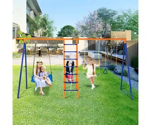 VEVOR Juegos de columpios para patio trasero, juego de columpios 6 en 1 con 2 columpios, barra trapecio, escalera de escalada, red de escalada y aro de baloncesto, capacidad de carga de 440 libras, co