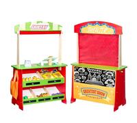 VEVOR Juguete de Madera para Niños de Doble Cara 2 en 1 Juego de Puesto de Mercado y Teatro Juego de Simulación con Pizarra, Cortina, Caja Registradora, Bolsa de Compras, para Niños Más de 3 Años