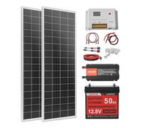 VEVOR Kit Completo de Energía Solar de 12 V con 2 Paneles Solares de 100 W, Monocristalinos, Batería LiFePO₄ de 12,8 V, 50 Ah, 640 Wh e Inversor de 800 W para Casas, Cobertizos, Granjas, Cabañas y RV