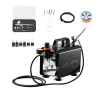 VEVOR Kit de Aerógrafo con Compresor de Aire 1/6 HP, 1 Aerógrafo de Doble Acción con 3 Boquillas, Manguera, Pinturas Acrílicas, Kit de Pintura para Decoración de Tartas, Maquetas, Uñas, Coches