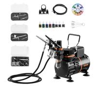 VEVOR Kit de Aerógrafo con Compresor de Aire 1/6 HP, 3 Aerógrafos de Doble Acción con 3 Boquillas, Manguera, 6 Pinturas Acrílicas, Kit de Pintura para Decoración de Tartas, Maquetas, Uñas, Coches
