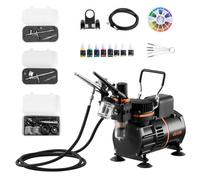 VEVOR Kit de Aerógrafo con Compresor de Aire 1/6 HP, 3 Aerógrafos de Doble Acción con 3 Boquillas, Manguera, 6 Pinturas Acrílicas, Kit de Pintura para Decoración de Tartas, Maquetas, Uñas, Coches