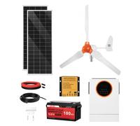 VEVOR Kit de Energía Solar Eólica de 12 V y 600 W con 2 Paneles Monocristalinos de 100 W, Turbina Eólica de 400 W, Batería LiFePO4 de 12,8 V y 100 Ah, Inversor Solar Híbrido de 1000 W para Barcos