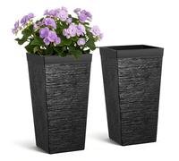 VEVOR Macetas Altas para Plantas 580 mm, Set de 2 Piezas, Maceteros Grandes para Interior y Exterior, Cónico Cuadrado, Diseño Acanalado, con Ruedas Depósito Drenaje, Plástico, para Jardín Salón, Negro