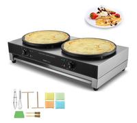 VEVOR Máquina de Crepes Comercial de Doble Cabezal de Placa Plana 3400 W, Antiadherente, Acero Inoxidable, Estufa Circular de Escritorio Panqueques y Cereales, Control Temperatura, 865 x 515 x 220 mm
