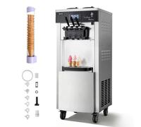 VEVOR Máquina de Helado Suave Comercial 3 Sabores 2200 W Caudal de 20-28 L/h, Máquina Independiente para Hacer Helados con 2 Tolvas de 6 L, Preenfriado y Autolimpieza para Tiendas de Postres