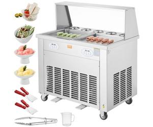 VEVOR Máquina de Laminados de Hielo con 2 Bandejas de 38x38 cm Plancha de Hielo Laminada Comercial de Acero Inoxidable Máquina de Laminación de Hielo con Compresor y 4 Raspadores para Confiterías