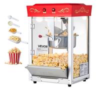 VEVOR Máquina de Palomitas con Hervidor de Acero Inoxidable de 0,2 kg, 800 W, 48 Tazas, Estilo Cine, con Control de 2 Botones, Puerta de PC con Panel de Vidrio, 1 Cucharada y 3 Cucharas, Rojo
