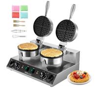 VEVOR Máquina para hacer gofres comerciales, máquina para hacer gofres redondos de doble cabezal, plancha para gofres belgas de acero inoxidable antiadherente de 2460 W con control de temperatura y ti