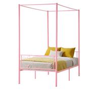VEVOR Marco de Cama con Dosel de Tamaño Twin, Diseño de 4 Postes de Metal y Cabecero Minimalista Soporte de Láminas de Acero Resistente Espacio de Almacenamiento Debajo, No Necesita Somier, Rosa
