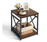 VEVOR Mesa Auxiliar Cuadrada 2 Niveles con Estantes Abiertos, Mesita de Noche con Marco de Metal en Forma de X, Escritorio de Centro 45,7x45,7x51 cm, para Sala de Estar, Dormitorio, Oficina, Marrón