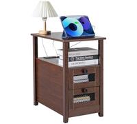 VEVOR Mesa Auxiliar Estilo Granja de 609 x 356 x 610 mm, Mesa de Noche Estrecha de 4 Niveles con Puertos USB, Tomas de Corriente, Armario de Almacenamiento y 2 Cajones para Sala de Estar, Marrón