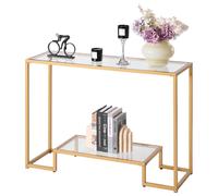 VEVOR Mesa consola de cristal de 2 niveles, mesa auxiliar rectangular para sofá con antivuelco dorada