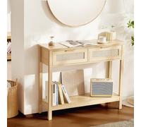 VEVOR Mesa Consola de Ratán con 2 Cajones de Almacenamiento y 1 Estante, Mesa de Entrada de Ratán con Puerta Corrediza de Ratán Natural para Sala de Estar, Entrada o Pared de TV, Color Madera