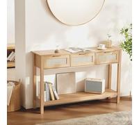 VEVOR Mesa Consola de Ratán con 3 Cajones de Almacenamiento y 1 Estante, Mesa de Entrada de Ratán con Puerta Corrediza de Ratán Natural para Sala de Estar, Entrada o Pared de TV, Color Madera