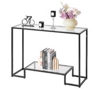 VEVOR Mesa Consola de Vidrio 2 Niveles 107 x 35,4 x 75,5 cm Mesa Auxiliar Rectangular para Sofá con Tablero de Vidrio Templado, Patas de Hierro para Sala de Estar, Pasillo, Entrada, Recibidor, Negro