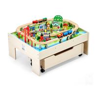 VEVOR Mesa de Actividad de Tren 100 Piezas de Madera 79x64x33 cm Mesa de Juegos de Tren Circuito de Ferroviarias Juguetes Creativos con Cajón Rodante de Almacenamiento para Facilitar Organización