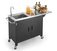 VEVOR Mesa de Barbacoa 132 x 46 x 90,9 cm Tablero de Acero Inoxidable, Carrito de Cocina con Fregadero, con Ruedas, con Armario de Almacenamiento, con Toallero, para Jardín, Bar, Zona de Barbacoa