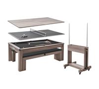 VEVOR Mesa de Billar 3 en 1 para Juegos de Mesa con Mesa de Comedor, con 2 Bancos para Almacenamiento y Accesorios, Carga de 137 kg, Incluye Taco y Cepillo para Tiza, 2140 x 1190 x 790 mm, Gris