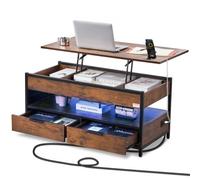 VEVOR Mesa de Centro con Tapa Elevable 1000x498x480 mm Mesa de Café Rectangular para Salón con Bolsillos de Almacenamiento Mesa de Centro Retráctil con Regleta, USB, Iluminación Ambiental, Marrón