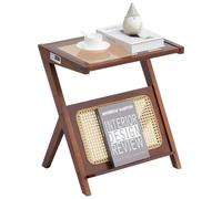 VEVOR Mesa de Centro de Bambú Tejido de Ratán en Forma de Z con Tablero de Vidrio Templado, Mesa de Centro de Almacenamiento de 500 x 366 x 559 mm con Patas de Bambú para Sala de Estar, Dormitorio