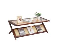 VEVOR Mesa de Centro de Bambú Tejido de Ratán en Forma de Z con Tablero de Vidrio Templado, Mesa de Centro de Almacenamiento de 1200 x 559 x 435 mm con Patas de Bambú para Sala de Estar, Dormitorio