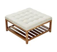 VEVOR Mesa de Centro Otomana, 875 x 875 x 445 mm, Mesa de Café Cuadrada con Estante de Madera Maciza y Reposapiés Tapizado en Lino para Sala de Estar, Capacidad de 181,44 kg, Blanca Crema