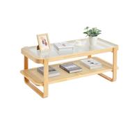 VEVOR Mesa de Centro Rectangular de Madera Tejida de Ratán con Tablero de Vidrio Templado, Mesa de Centro de Almacenamiento de 2 Capas de 1150 x 570 x 450 mm con Patas de Madera para Sala de Estar