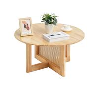 VEVOR Mesa de Centro Redonda de Madera Tejida de Ratán con Tablero de Madera de Caucho, Mesa de Centro de Almacenamiento de 850 x 850 x 420 mm con Patas de Madera, para Sala de Estar, Dormitorio