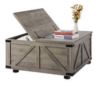 VEVOR Mesa de Centro Rústica de 914 x 914 x 463 mm, Mesa de Centro Cuadrada con Bisagras y Compartimento de Almacenamiento Grande Mesa de Madera para Sala de Estar, Apartamento, Dormitorio, Beige