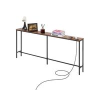 VEVOR Mesa de Consola Estrecha para Sofá, 180 x 20 x 80 cm, Mesa de Entrada Larga de 1 Nivel con Tomas de Corriente, Estructura de Metal y Estación de Carga, para Entrada, Pasillo, Marrón y Negro