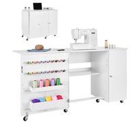 VEVOR Mesa de Costura con Ruedas, Estructura de Madera, Compartimentos de Almacenamiento y Puerta Magnética, Capacidad de Carga 40 kg, Ideal para Estación de Manualidades y Mesa Auxiliar, Blanco