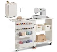 VEVOR Mesa de Costura Plegable, Mesa Multiusos para Máquina de Coser con Diseño Compacto, Ruedas Bloqueables, Estantes, Bandejas de Almacenamiento, Clavijas de Madera y Puertas Magnéticas, Blanco