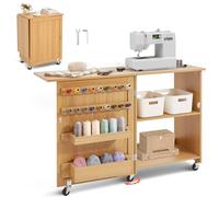 VEVOR Mesa de Costura Plegable Mesa Multiusos para Máquina de Coser con Diseño Compacto, Ruedas Bloqueables, Estantes, Bandejas de Almacenamiento, Clavijas de Madera y Puertas Magnéticas, Color Madera