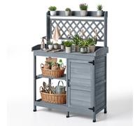 VEVOR Mesa de Jardinería, Banco de Trabajo de Jardín de Madera 110 x 46 x 147 cm con Tablero de Madera de Abeto, Estante Superior, Cajón, Armario, Ganchos para Patio Exterior Almacenamiento Macetas