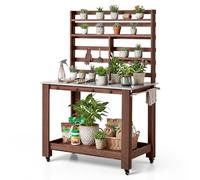 VEVOR Mesa de Jardinería, Banco de Trabajo de Jardín de Madera 115 x 66 x 169 cm con Ruedas, Estante Superior, Tablero de Acero Inoxidable, Ganchos, Cajón, Armario para Macetas Almacenamiento Exterior