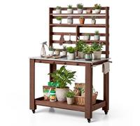 VEVOR Mesa de Jardinería, Banco de Trabajo de Jardín de Madera 115 x 66 x 169 cm con Ruedas, Estante Superior, Tablero de Acero Inoxidable, Ganchos, Cajón, Armario para Macetas Almacenamiento Exterior